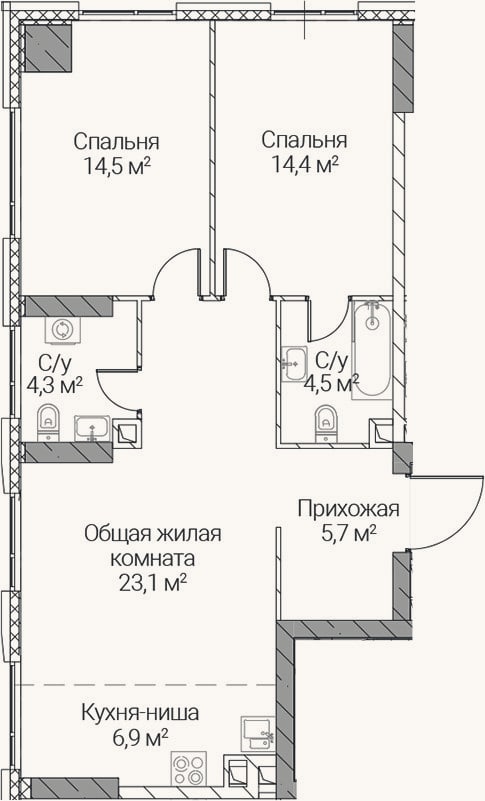 Планировка: 3-к, 73,4 м²