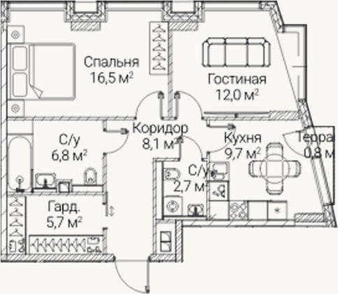 Планировка: 2-к, 61,5 м²