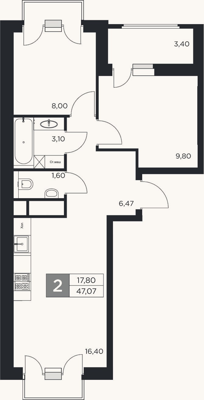 Планировка: 3-к, 45,4 м²
