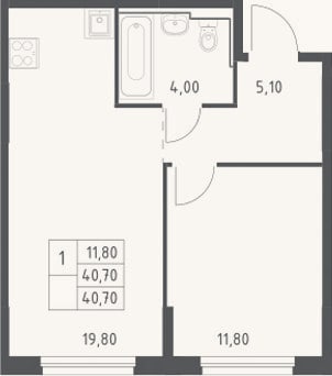 Планировка: 2-к, 40,7 м²