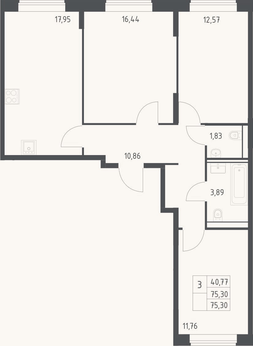 Планировка: 3-к, 75,3 м²