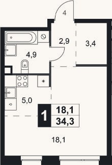 Планировка: Студия, 34,3 м²