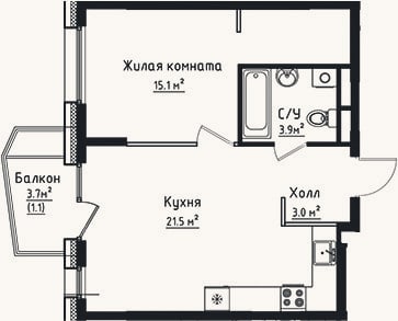 Планировка: 1-к, 43,5 м²