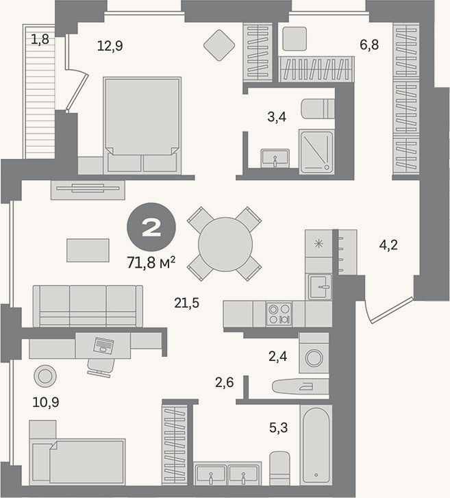 Планировка: 2-к, 70 м²
