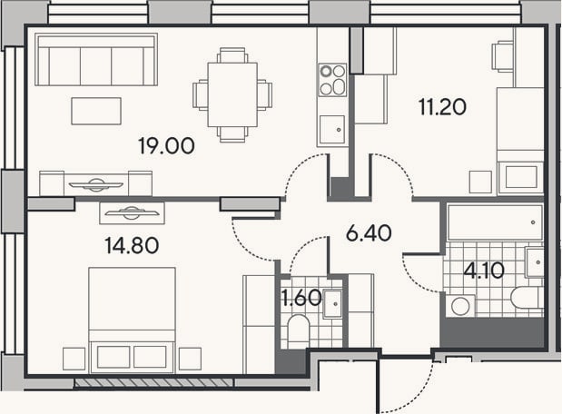 Планировка: 3-к, 57,1 м²