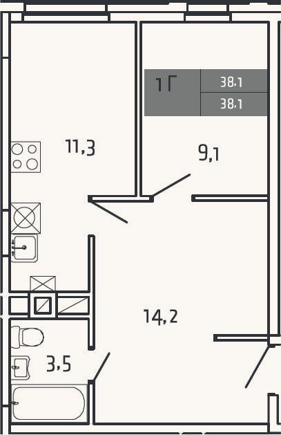 Планировка: 1-к, 38,1 м²