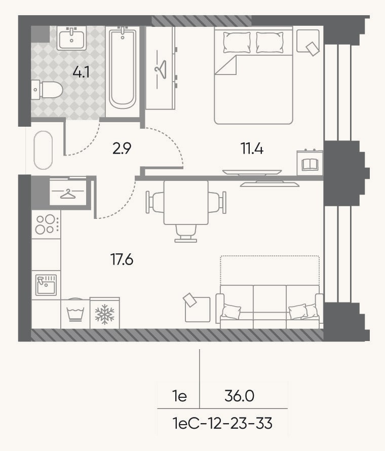 Планировка: 2-к, 36 м²
