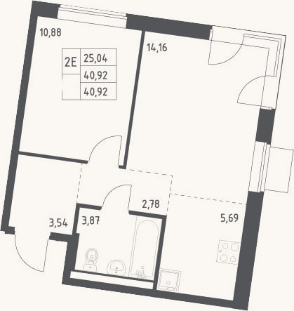 Планировка: 2-к, 40,9 м²
