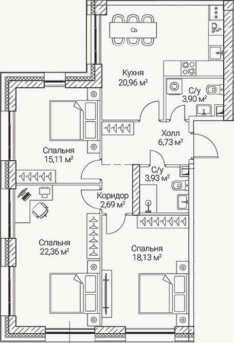 Планировка: 4+ к, 93,8 м²