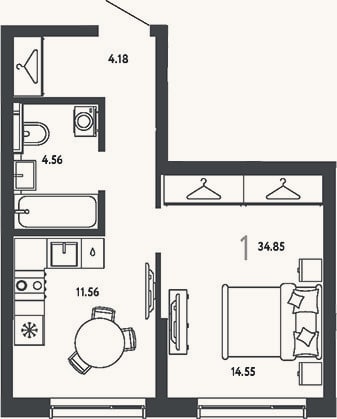 Планировка: 1-к, 34,9 м²