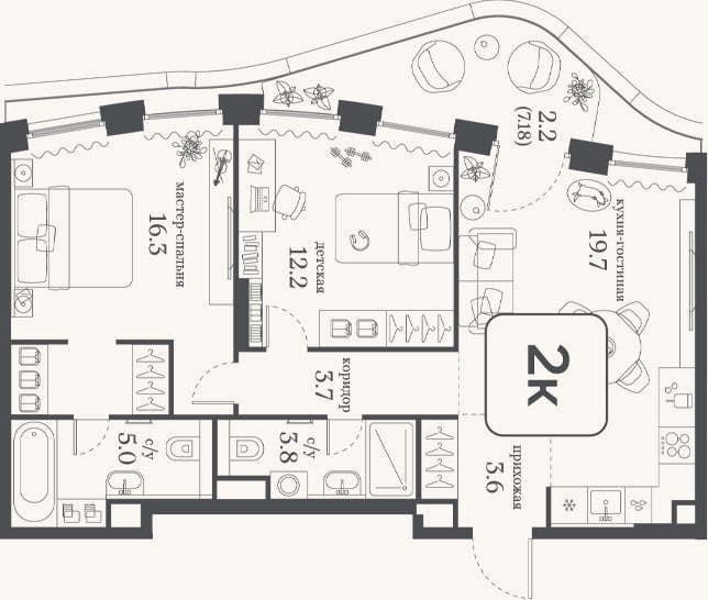 Планировка: 2-к, 64,3 м²