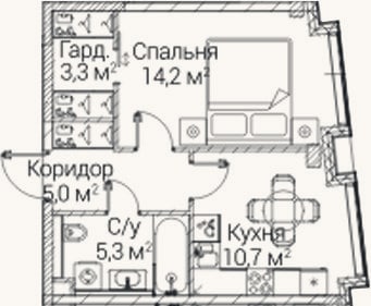 Планировка: 1-к, 38,5 м²