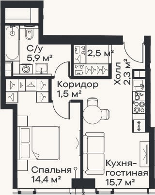 Планировка: 2-к, 42,3 м²