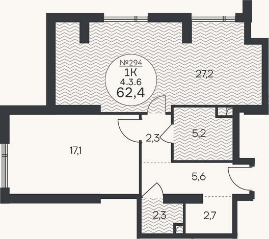 Планировка: 2-к, 62,4 м²