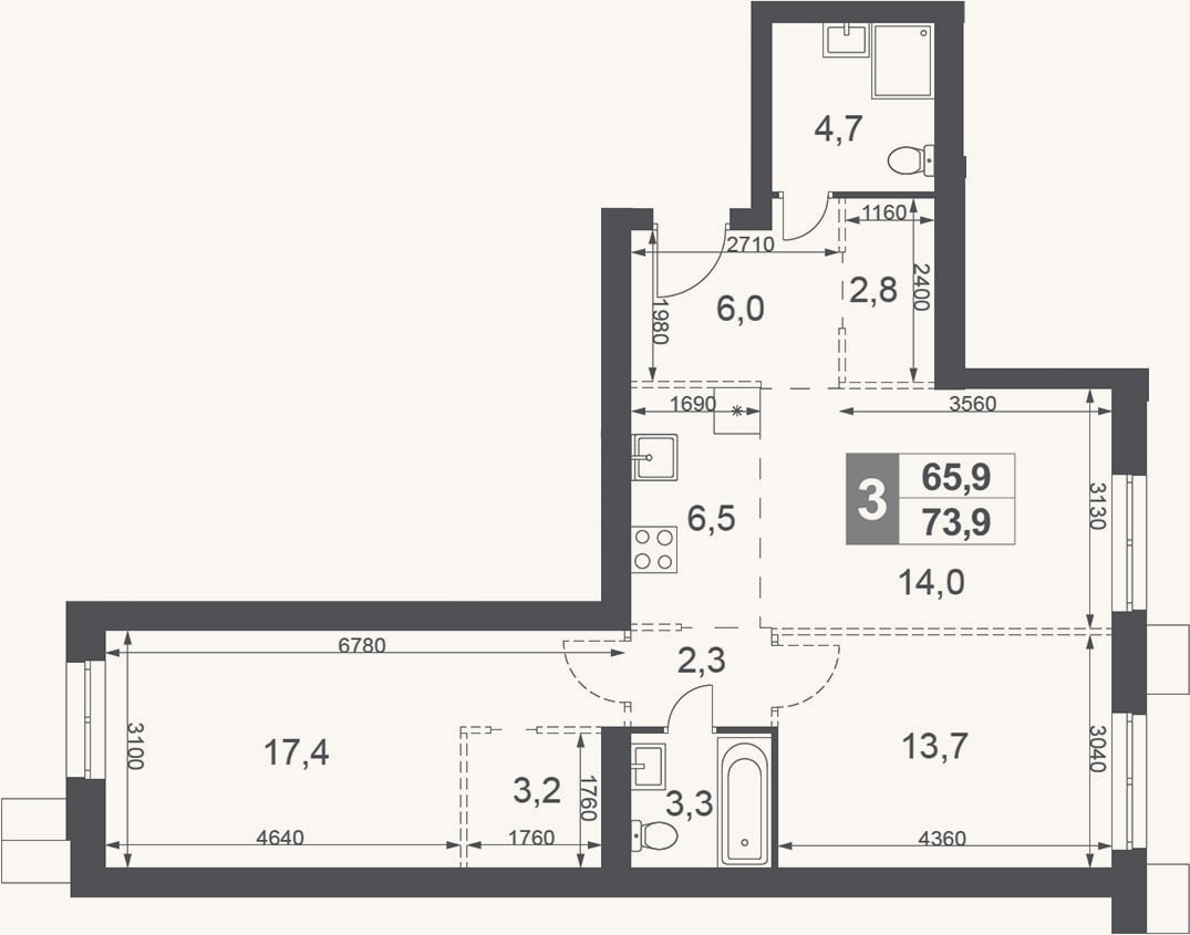 Планировка: 3-к, 73,9 м²