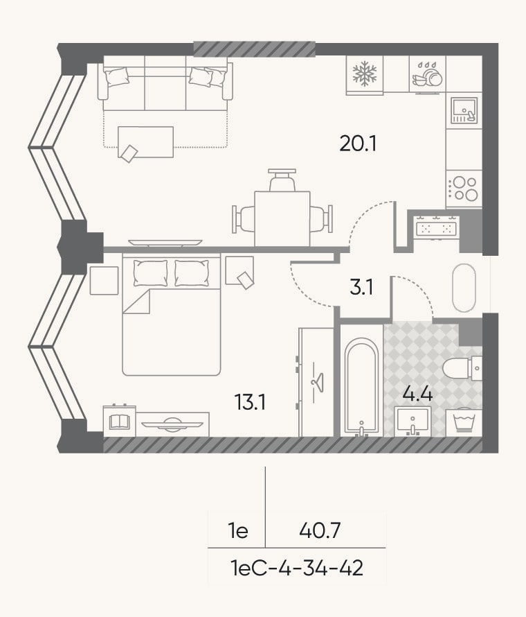 Планировка: 2-к, 40,7 м²