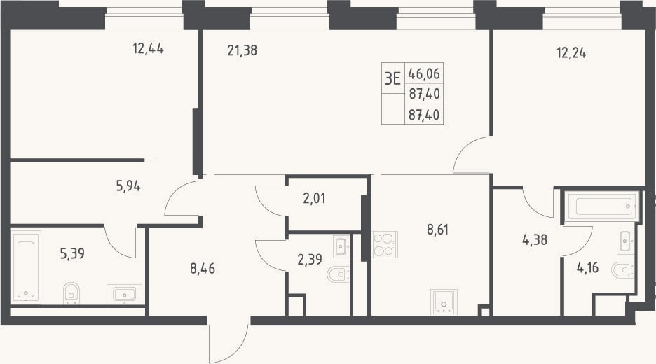 Планировка: 3-к, 87,4 м²