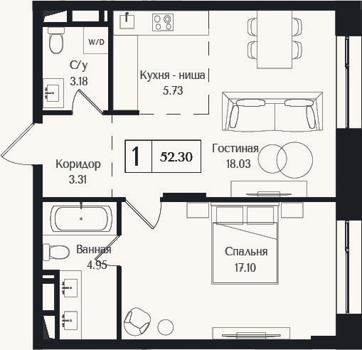 Планировка: 2-к, 52,3 м²