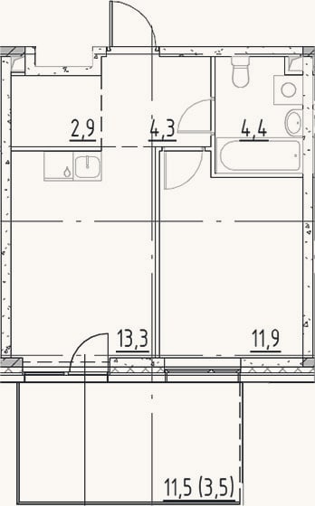 Планировка: 1-к, 36,8 м²
