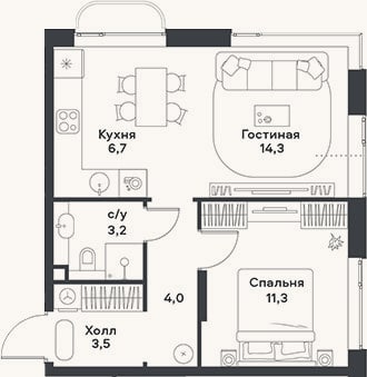Планировка: 2-к, 43 м²