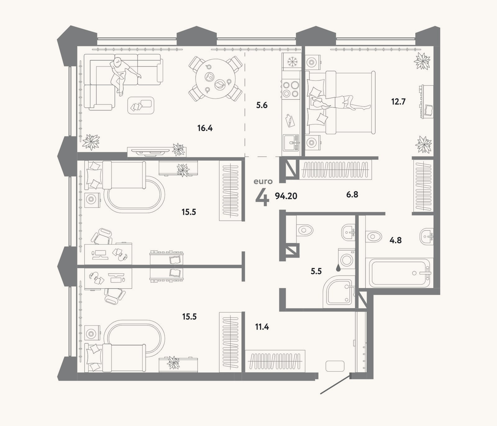 Планировка: 4+ к, 94,2 м²