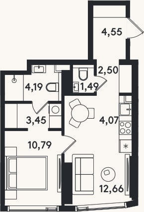 Планировка: 2-к, 43,7 м²