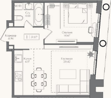 Планировка: 2-к, 51,1 м²