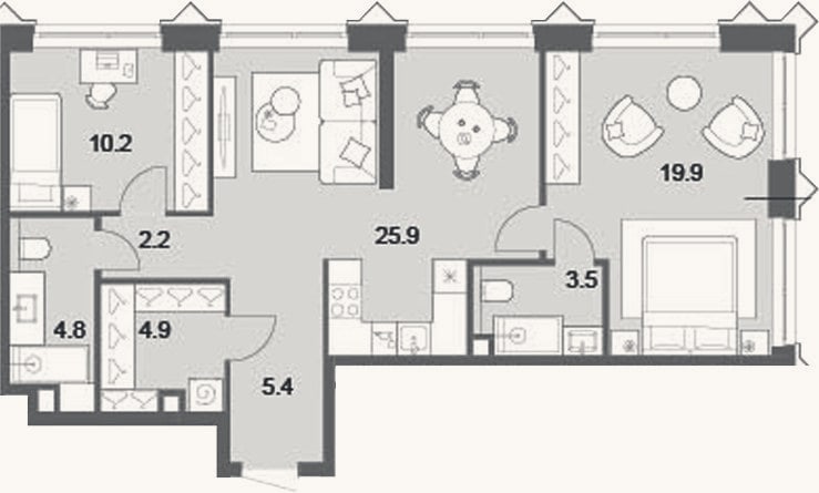 Планировка: 3-к, 76,8 м²