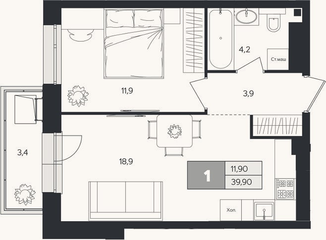 Планировка: 1-к, 38,9 м²
