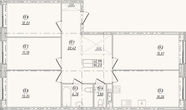 Планировка: 4+ к, 96,2 м²