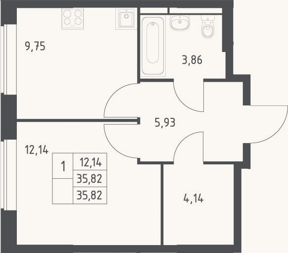 Планировка: 1-к, 35,8 м²