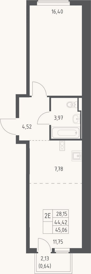 Планировка: 2-к, 44,4 м²