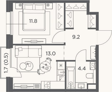 Планировка: 1-к, 38,4 м²