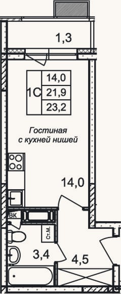 Планировка: Студия, 21,9 м²