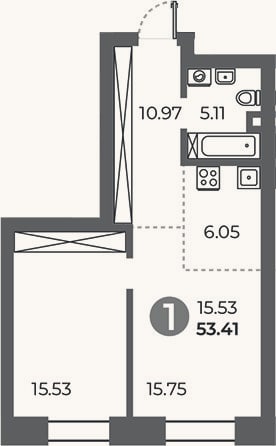 Планировка: 1-к, 53,4 м²