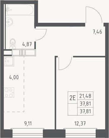 Планировка: 2-к, 37,8 м²