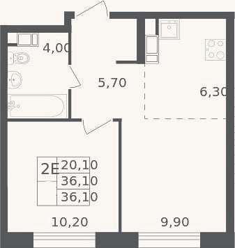Планировка: 2-к, 36,1 м²