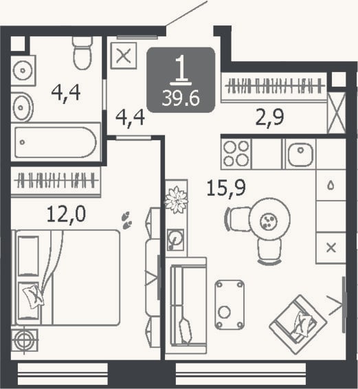 Планировка: 2-к, 39,6 м²