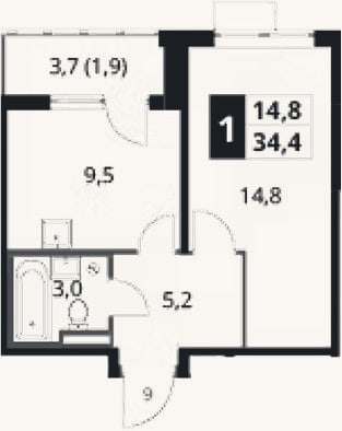 Планировка: 1-к, 32,5 м²