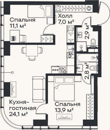 Планировка: 3-к, 61,8 м²