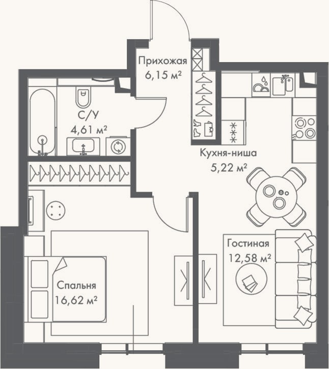 Планировка: 2-к, 45,2 м²