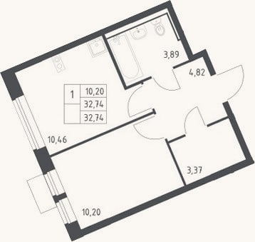 Планировка: 1-к, 32,7 м²