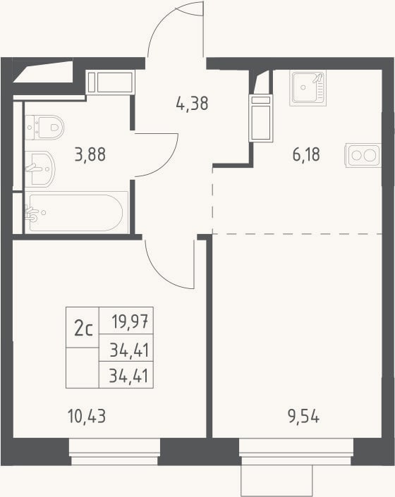 Планировка: 2-к, 34,4 м²