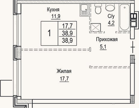 Планировка: 1-к, 38,9 м²