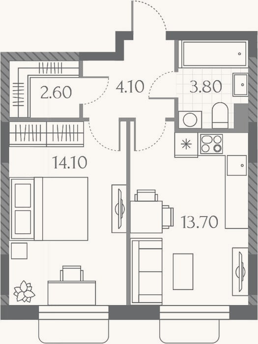 Планировка: 1-к, 38,3 м²