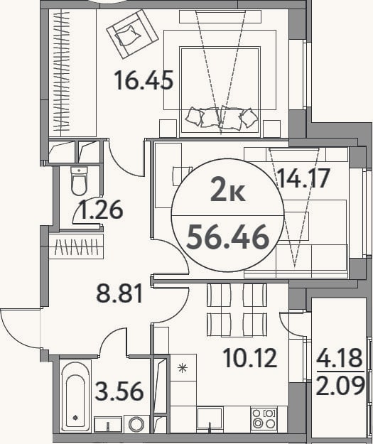Планировка: 2-к, 54,4 м²
