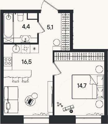 Планировка: 2-к, 40,7 м²