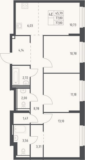 Планировка: 4+ к, 77,8 м²