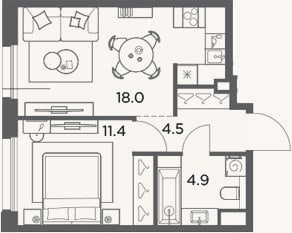 Планировка: 1-к, 38,8 м²
