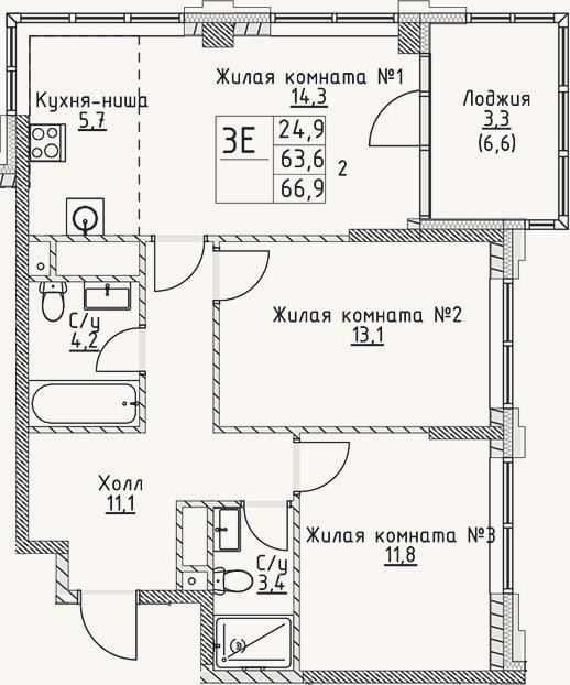 Планировка: 3-к, 63,6 м²
